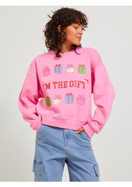 Bisiklet Yaka Rahat Kesim Pembe Kadın Sweatshirt 12250198