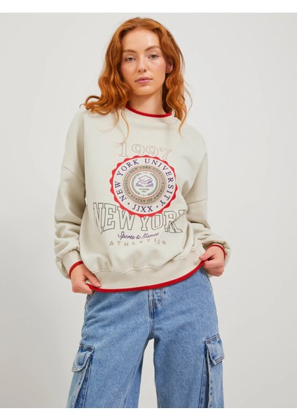 Bisiklet Yaka Rahat Kesim Baskılı Kemik Kadın Sweatshirt 12246744