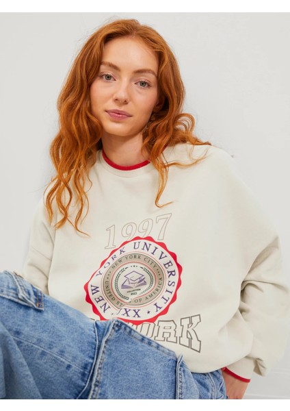 Bisiklet Yaka Rahat Kesim Baskılı Kemik Kadın Sweatshirt 12246744