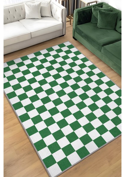 Minimalist Damalı Yeşil Beyaz Halı Kareli Oturma Odası Halısı Retro Tarzı Salon Halısı