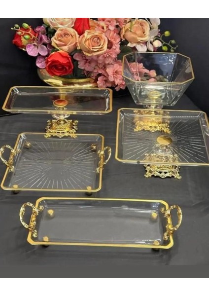 Exclusive Döküm Ayaklı Gold 5 Parçadan Oluşan Muhteşem Sunum & Servis Seti