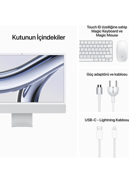 iMac M3 Çip 8GB 512GB SSD macOS 24" All In One Bilgisayar MQRK3TU/A Gümüş