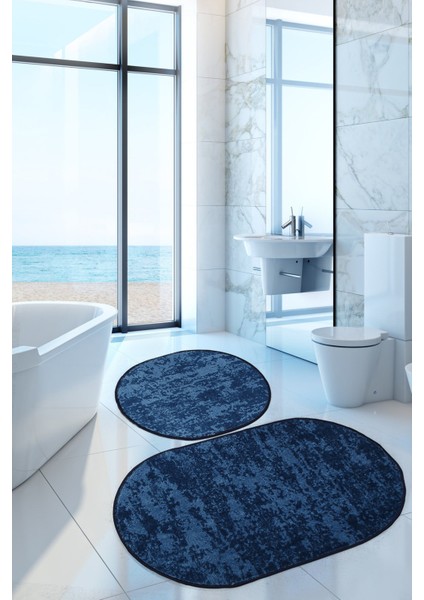 Nova Lacivert Oval 60X100 + 50X60 cm 2'li Banyo Paspası Seti Kaymaz Tabanlı Klozet Takımı