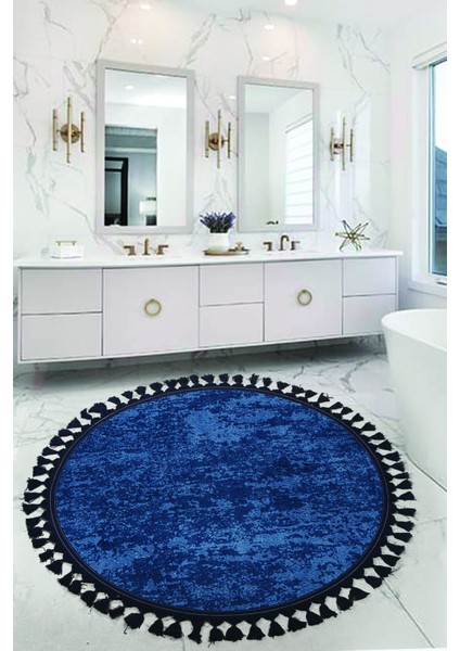 Nova Lacivert Yuvarlak 100X100 cm Ponpon Saçaklı Kaymaz Tabanlı Makinede Yıkanabilir Banyo Paspası