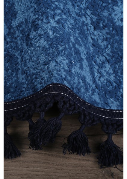 Nova Lacivert Yuvarlak 100X100 cm Ponpon Saçaklı Kaymaz Tabanlı Makinede Yıkanabilir Banyo Paspası modelleri