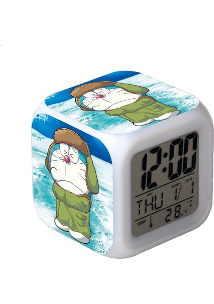 7 Renkli LED Kare Dijital Alarmlı Saat - Beyaz (Yurt Dışından)