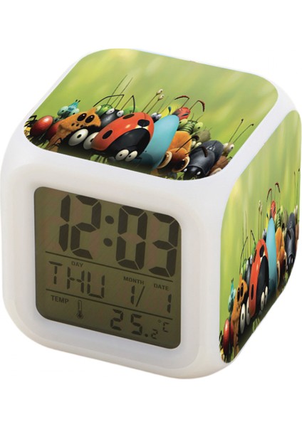 7 Renkli LED Kare Dijital Alarmlı Saat - Beyaz (Yurt Dışından)