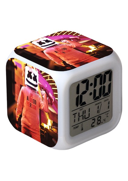 7 Renkli LED Kare Dijital Alarmlı Saat - Beyaz (Yurt Dışından)