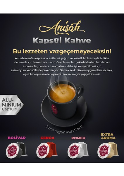 Anisah Coffee Kapsül Kahve Seti Nespresso Uyumlu 4 x 10'lu Bolivar Genoa Romeo ve Extra Aroma