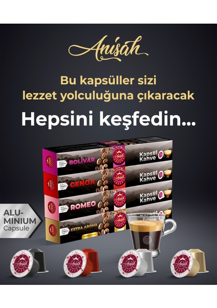 Anisah Coffee Kapsül Kahve Seti Nespresso Uyumlu 4 x 10'lu Bolivar Genoa Romeo ve Extra Aroma