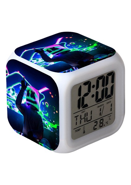 7 Renkli LED Kare Dijital Alarmlı Saat - Beyaz (Yurt Dışından)