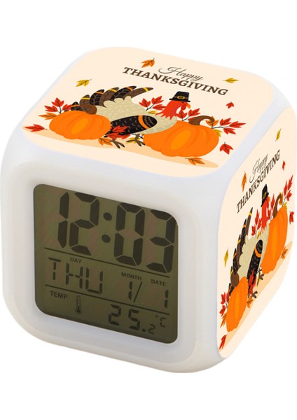 7 Renkli LED Kare Dijital Alarmlı Saat - Beyaz (Yurt Dışından)