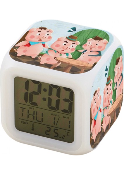 7 Renkli LED Kare Dijital Alarmlı Saat - Beyaz (Yurt Dışından)