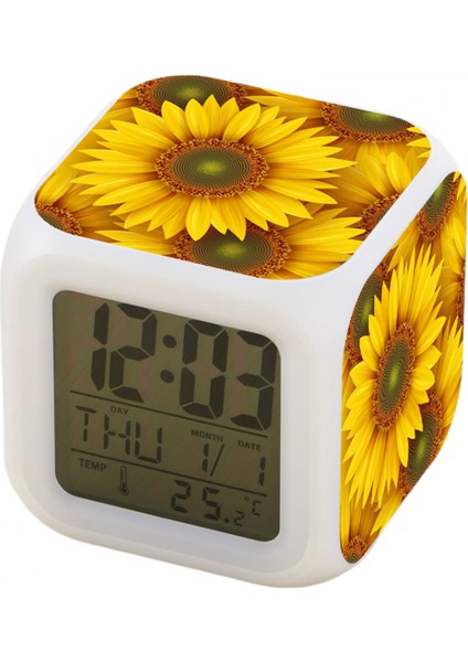 7 Renkli LED Kare Dijital Alarmlı Saat - Beyaz (Yurt Dışından)