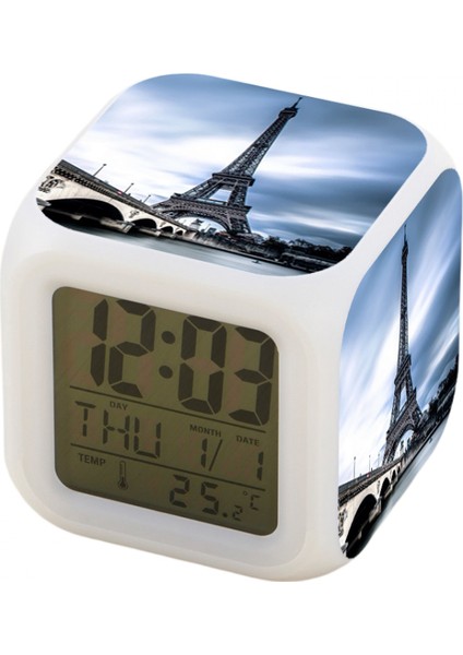 7 Renkli LED Kare Dijital Alarmlı Saat - Beyaz (Yurt Dışından)