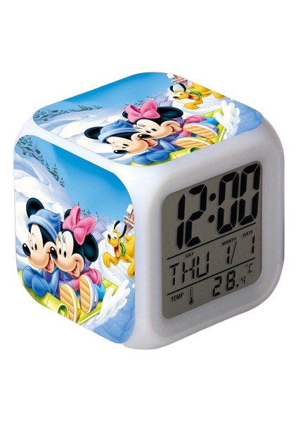 7 Renkli LED Kare Dijital Alarmlı Saat - Beyaz (Yurt Dışından)