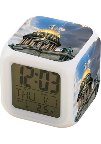 7 Renkli LED Kare Dijital Alarmlı Saat - Beyaz (Yurt Dışından)