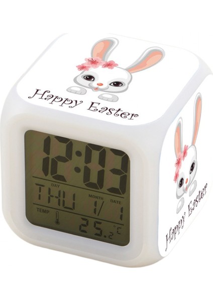 7 Renkli LED Kare Dijital Alarmlı Saat - Beyaz (Yurt Dışından)