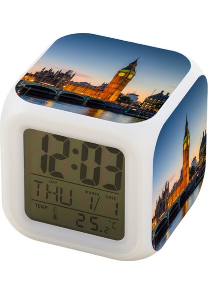 7 Renkli LED Kare Dijital Alarmlı Saat - Beyaz (Yurt Dışından)