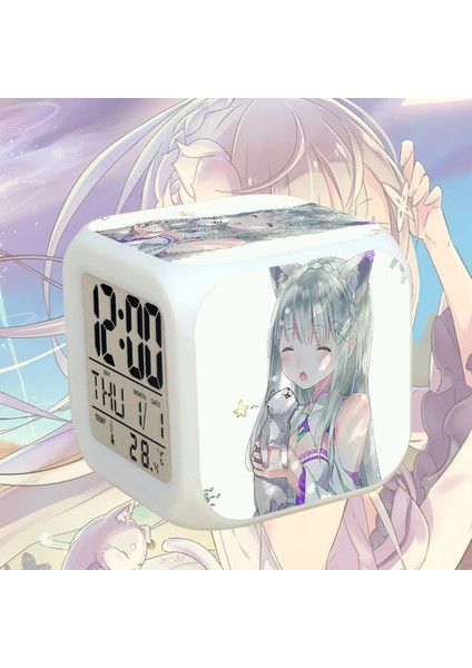 7 Renkli LED Kare Dijital Alarmlı Saat - Beyaz (Yurt Dışından)