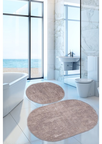 Nova Kahve Oval 60X100 + 50X60 cm 2'li Banyo Paspası Seti Kaymaz Tabanlı Yıkanabilir Klozet Takımı