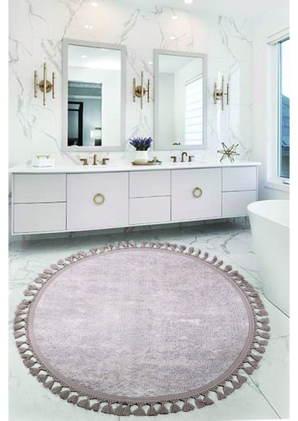Nova Kahve Yuvarlak 100X100 cm Ponpon Saçaklı Kaymaz Tabanlı Makinede Yıkanabilir Banyo Paspası