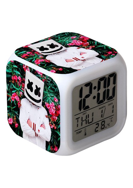 7 Renkli LED Kare Dijital Alarmlı Saat - Beyaz (Yurt Dışından)