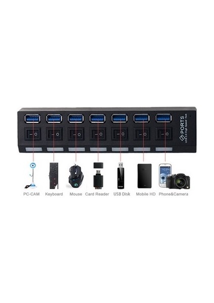 5258 7 Port USB 3.0 2.0 Hub Anahtarlı Çoklayıcı Çoğaltıcı Switch