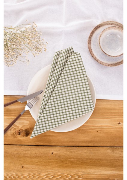 Arya | 6'lı Keten Piti Kareli Haki Peçete - Piknik Dekorasyonu 40 X 40 Cm