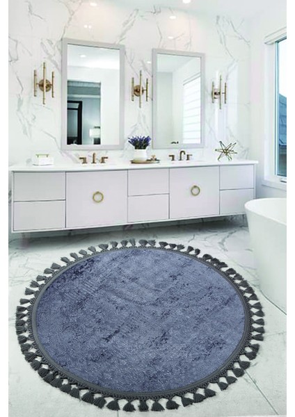 Nova Antrasit Yuvarlak 100X100 cm Ponpon Saçaklı Kaymaz Tabanlı Makinede Yıkanabilir Banyo Paspası
