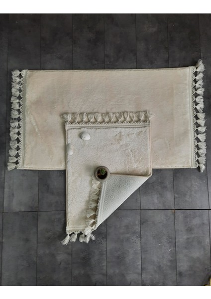 Elite Krem Ponpon Saçaklı Peluş 2'li Banyo Paspası Halısı Kaymaz Taban Klozet Takımı Püsküllü