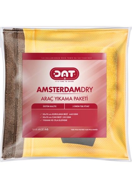 Amsterdamdry Mikrofiber Oto Yıkama Paketi Araç Kurulama Havlusu Cam Bezi Araba Yıkama Eldiveni Seti