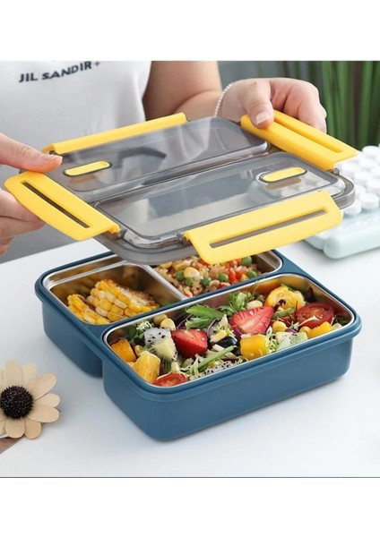 Bento 950ML Lunchbox Tek Katlı 3 Bölmeli Çelik Sefer Tası Yemek Kutusu (Koyu Yeşil)