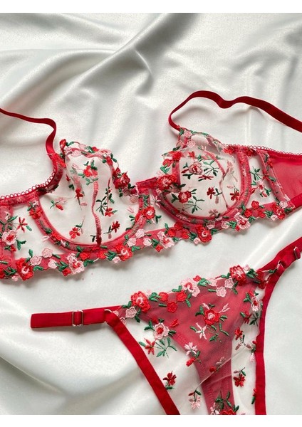 Leila-Kırmızı ve Pembe Çiçek Desenli Brode İşlemeli Kırmızı Sütyen Tanga Takım modelleri