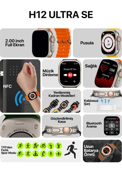 Watch 9 H12 Ultra SE 2023 Pusula Nfc Siri Vidalı Bluetooth Arama Özellikli Akıllı Saat