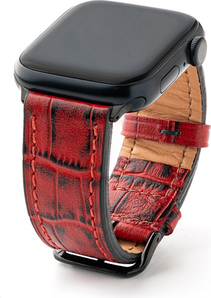 Lesband Leather crocco Kırmızı Gerçek Deri Apple Watch Kordon Seri 1-8, Se, Ultra ve Ultra 2 ile Uyumlu