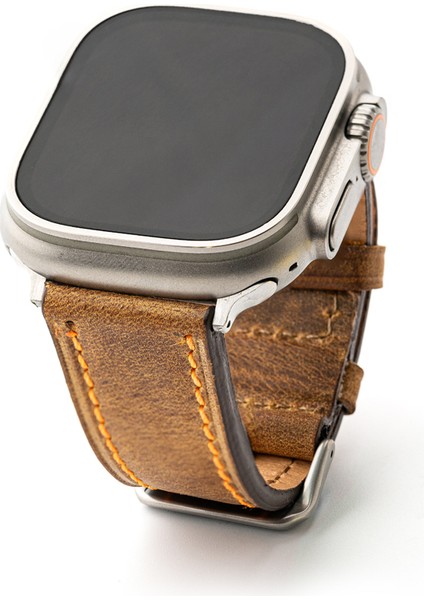 Lesband Leather crayz Taba Turuncu Gerçek Deri Apple Watch Kordon Seri 1-8, Se, Ultra ve Ultra 2 ile Uyumlu