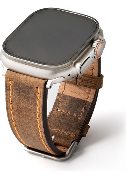 Lesband Leather crayz Koyu Kahverengi Gerçek Deri Apple Watch Kordon Seri 1-8, Se, Ultra ve Ultra 2 ile Uyumlu