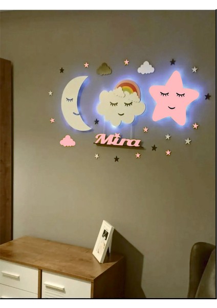 Çocuk Odası Dekoratif Ahşap Ay Gökkuşağı Bulut Yıldız Gece Lambası Ledli Aydınlatma