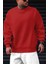 Erkek Kırmızı Basic 0 Sıfır Yaka Baskısız Düz Oversize Salaş Bol Kesim Polar Sweatshirt 3