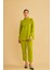 Jade Süs Dikişli ve Düğmeli Fırfır Yaka Keten Olive Tunik Pantolon Takım 1