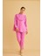Jade Süs Dikişli ve Düğmeli Fırfır Yaka Keten Pembe Tunik Pantolon Takım 1