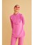 Jade Süs Dikişli ve Düğmeli Fırfır Yaka Keten Pembe Tunik Pantolon Takım 2