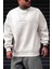 Erkek Kırık Beyaz Krem Ekru Dreamer Baskılı 0 Sıfır Yaka Oversize Salaş Bol Kesim Polar Sweatshirt 3