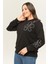 Kadın Büyük Beden Nakış Detaylı Basic Siyah Sweatshirt 5