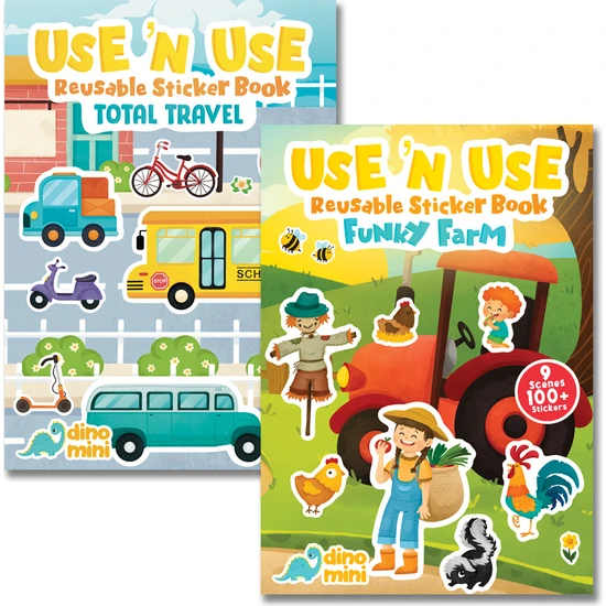 Use 'n Use Sticker Book Seti (Funky Farm - Total Travel) (2 Adet Tak Çıkar Çıkartma Kitabı)