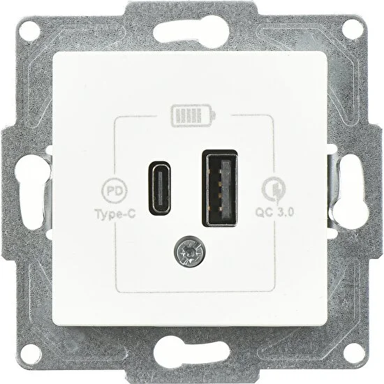 Günsan Elektrik Eqona 2 Çıkışlı USB Şarj Prizi, 20W, Type A + Type C, Beyaz, Mekanizma