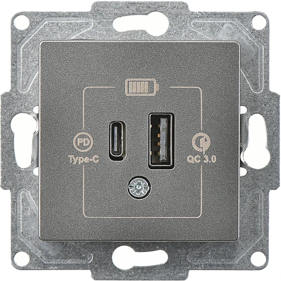 Günsan Elektrik Eqona 2 Çıkışlı USB Şarj Prizi, 20W, Type A + Type C, Füme, Mekanizma