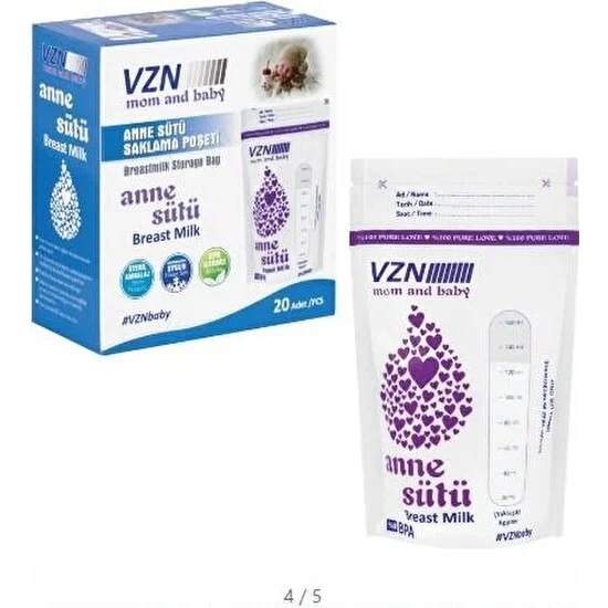 Vzn Süt Saklama Poşeti 20'li 5 Paket (100 Poşet)