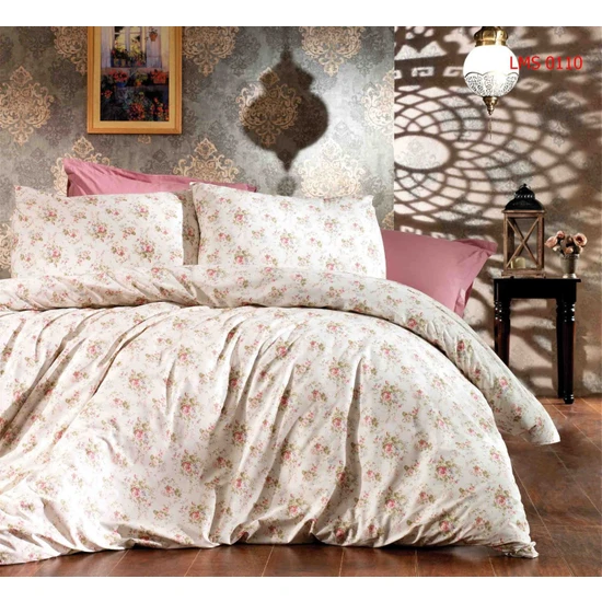Lemis & Gold Pembe Çiçek Desenli Nevresim Takımı Krem